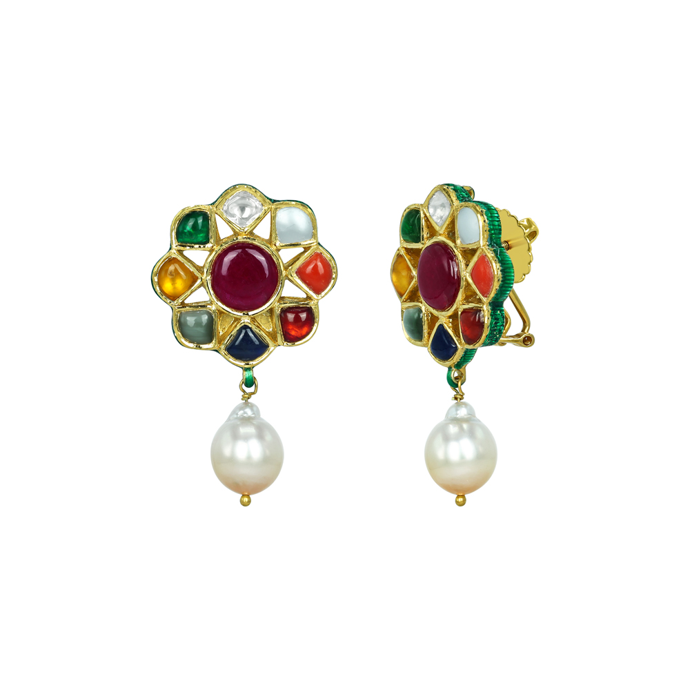 Navaratna Earrings with Ruby Center and Pearl Drop